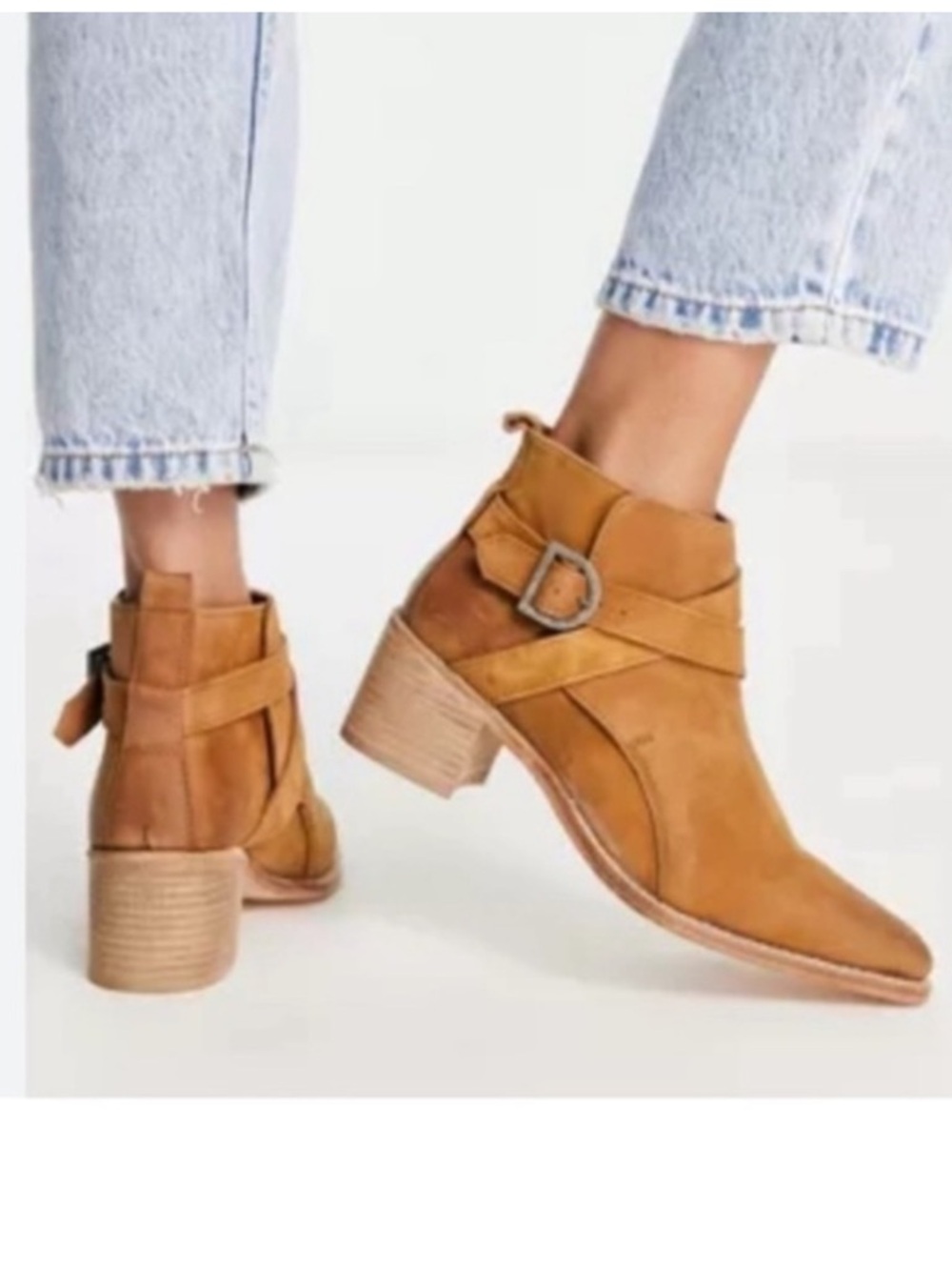 Free People Cognac Suede Wrap-Buckle Ankle Booties